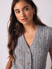 Grau - Rib Knitted Gold Button Waistcoat With Wool - Bild 5 von 8