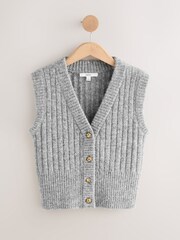 Grau - Rib Knitted Gold Button Waistcoat With Wool - Bild 6 von 8
