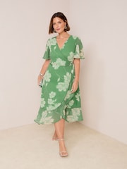 Friends Like These Green Floral Chiffon Mix Flutter Sleeve Wrap Dress - Image 1 of 4
