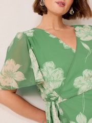 Friends Like These Green Floral Chiffon Mix Flutter Sleeve Wrap Dress - Image 2 of 4