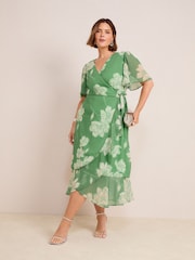 Friends Like These Green Floral Chiffon Mix Flutter Sleeve Wrap Dress - Image 3 of 4