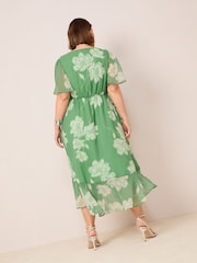 Friends Like These Green Floral Chiffon Mix Flutter Sleeve Wrap Dress - Image 4 of 4