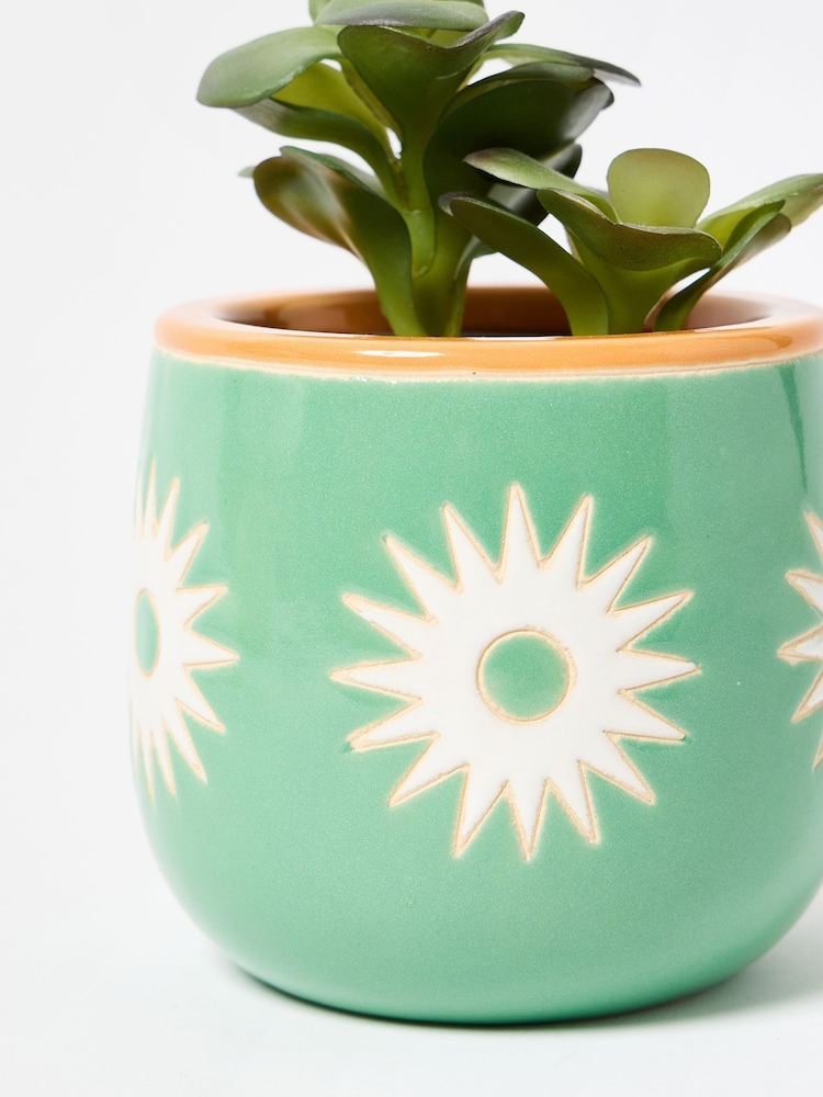Oliver Bonas Green Small Sun Ceramic Plant Pot - Image 3 of 3