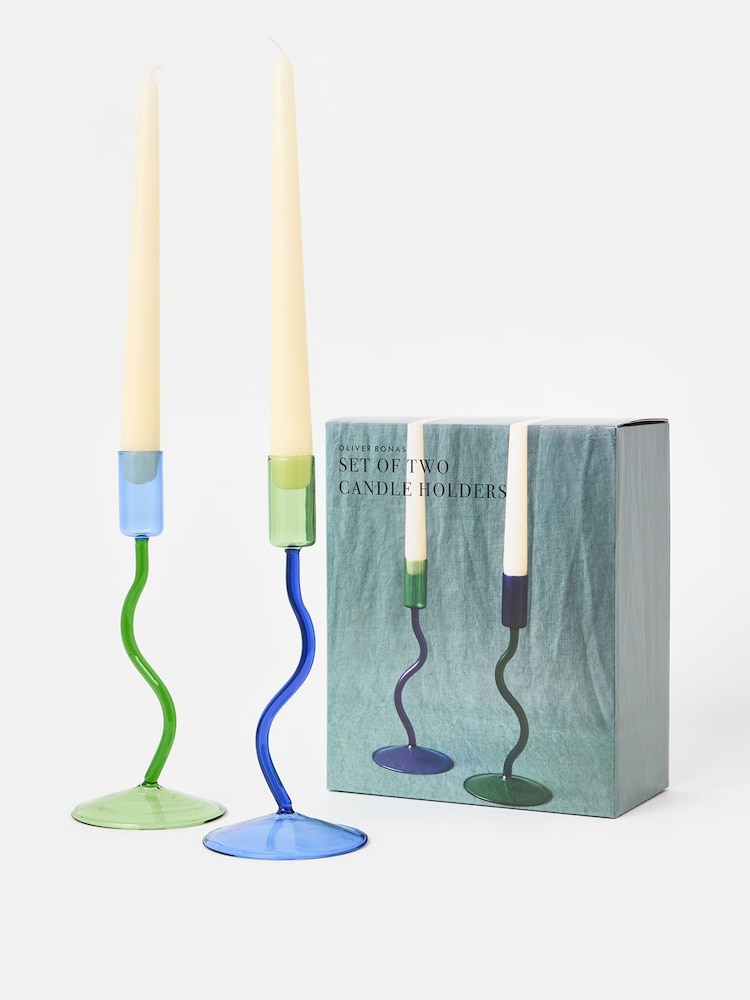 Oliver Bonas Set of 2 Multi Wobble Glass Candlestick Holders - Image 2 of 6