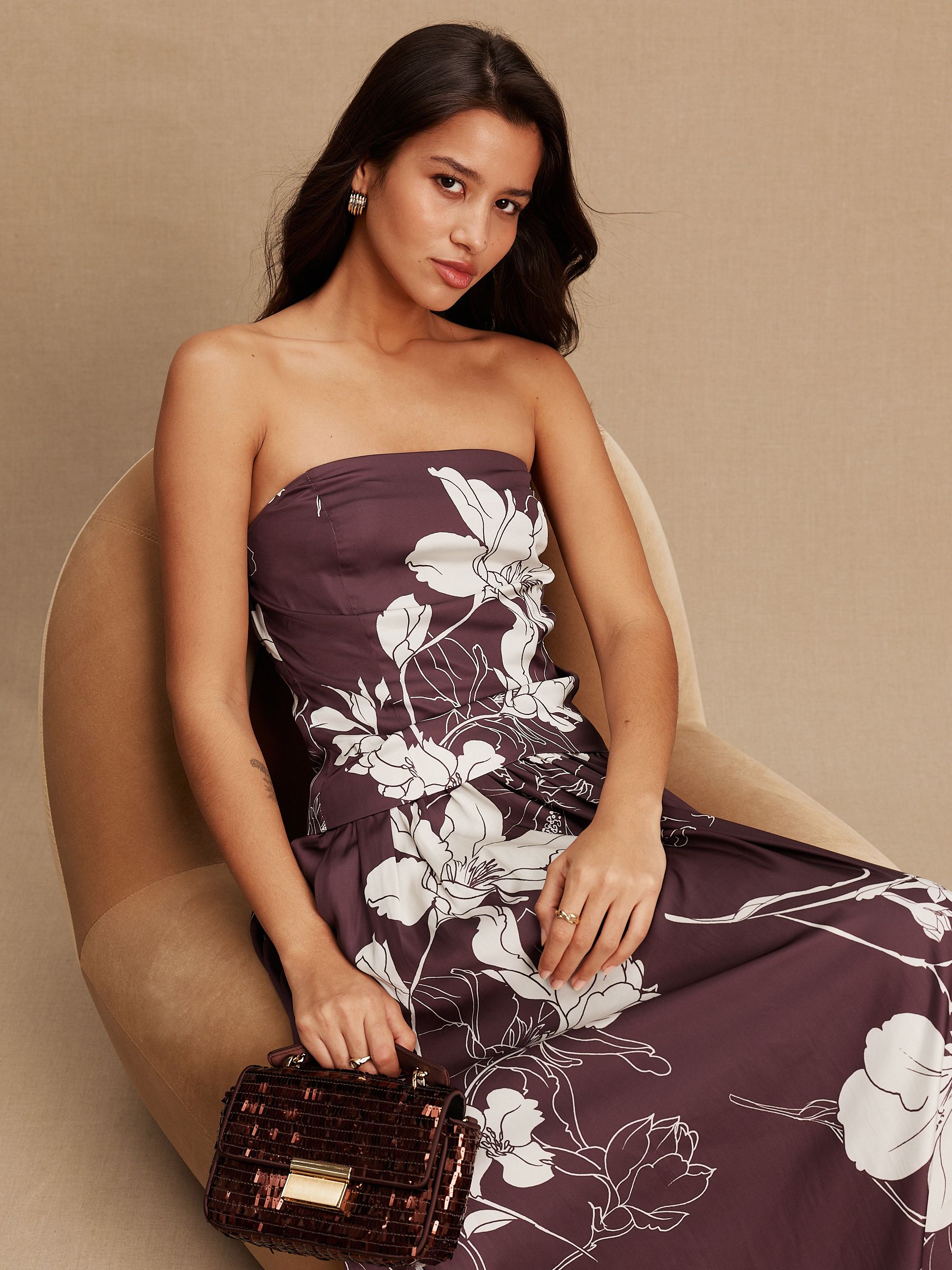 Buy Burgundy/Ecru Floral Print Satin Bandeau Top from Next Romania