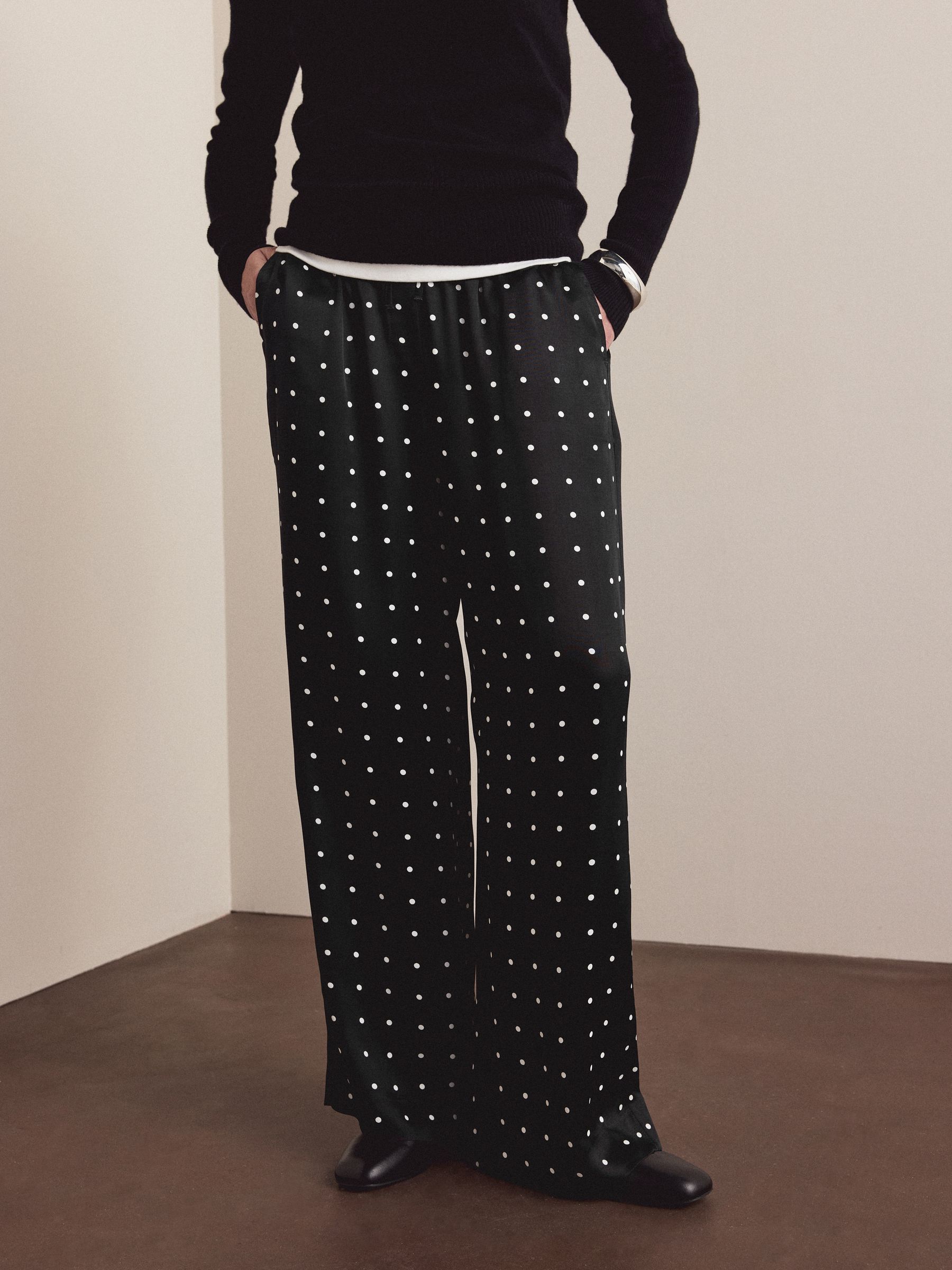 Buy Black/White Polka Dot Satin Tie Waist Wide Leg Trousers from