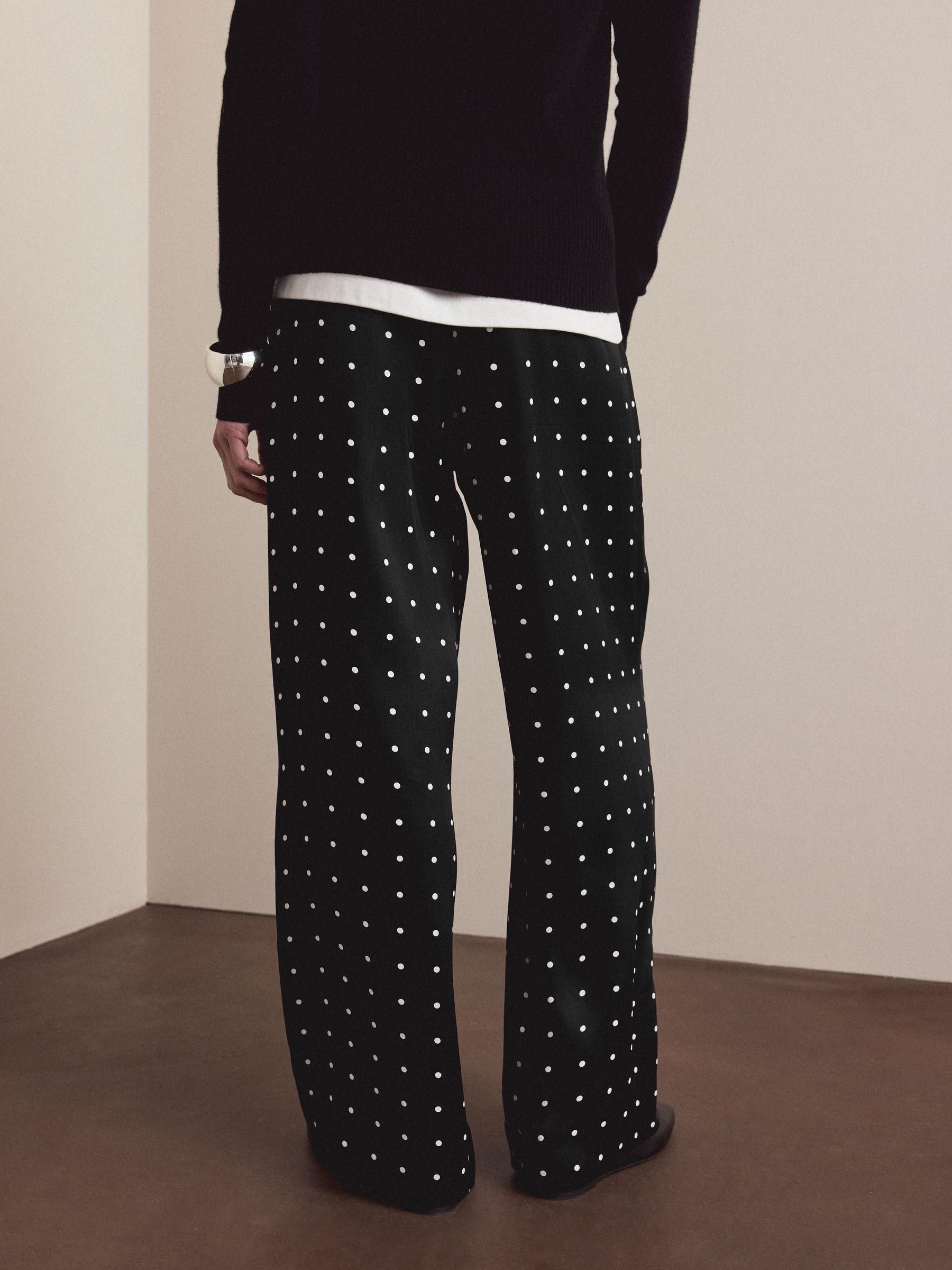 Buy Black/White Polka Dot Satin Tie Waist Wide Leg Trousers from