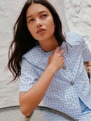 Blue Gingham Short Sleeved Button Through Top - Image 3 of 8