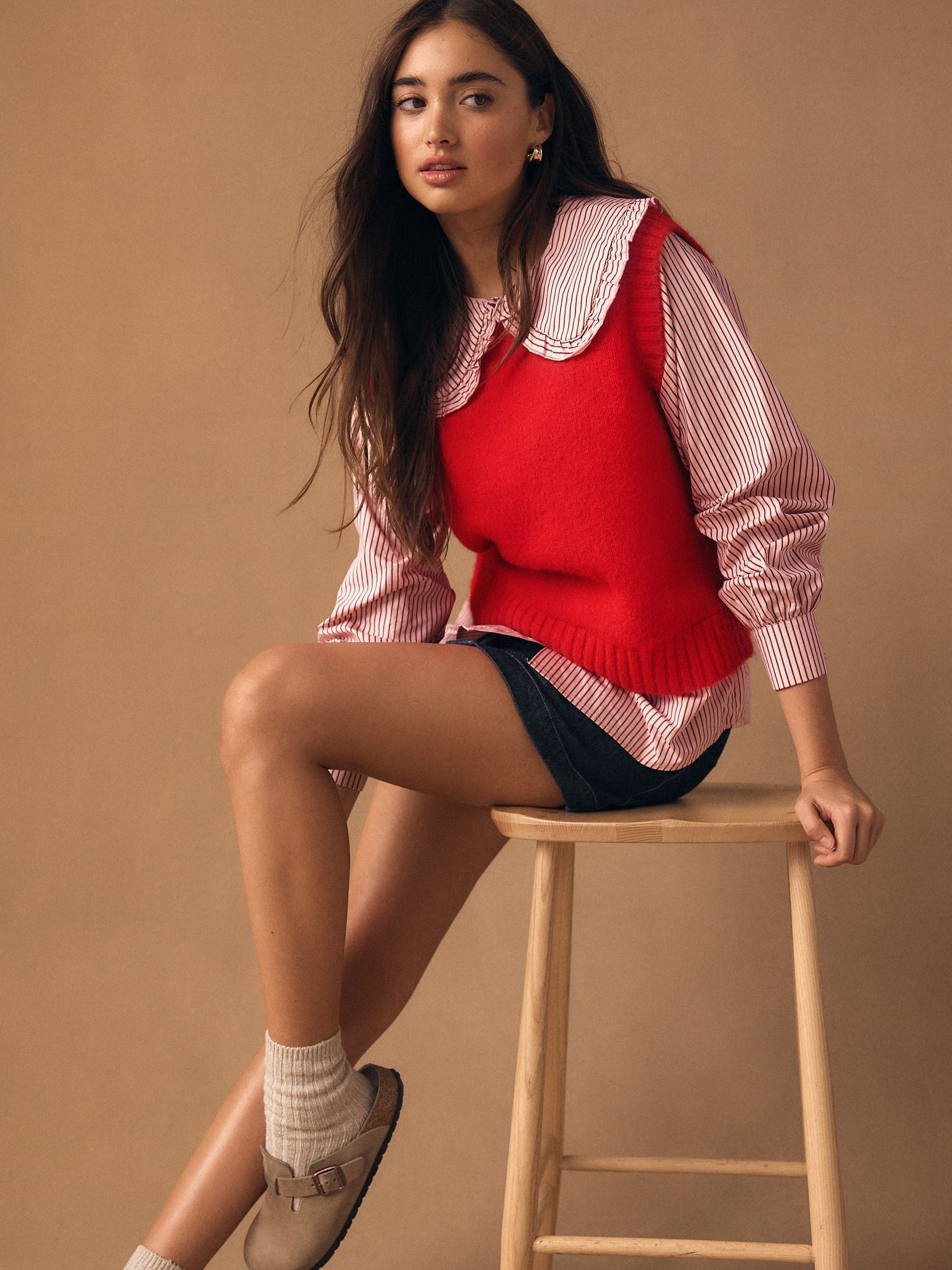 Buy Red Pinstripe Frill Collar Shirt Layer Knitted Tank from the Buy Red Pinstripe Frill Collar Shirt Layer Knitted Tank from the