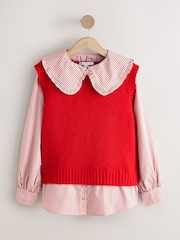 Red Pinstripe Frill Collar Shirt Layer Knitted Tank - Image 1 of 3