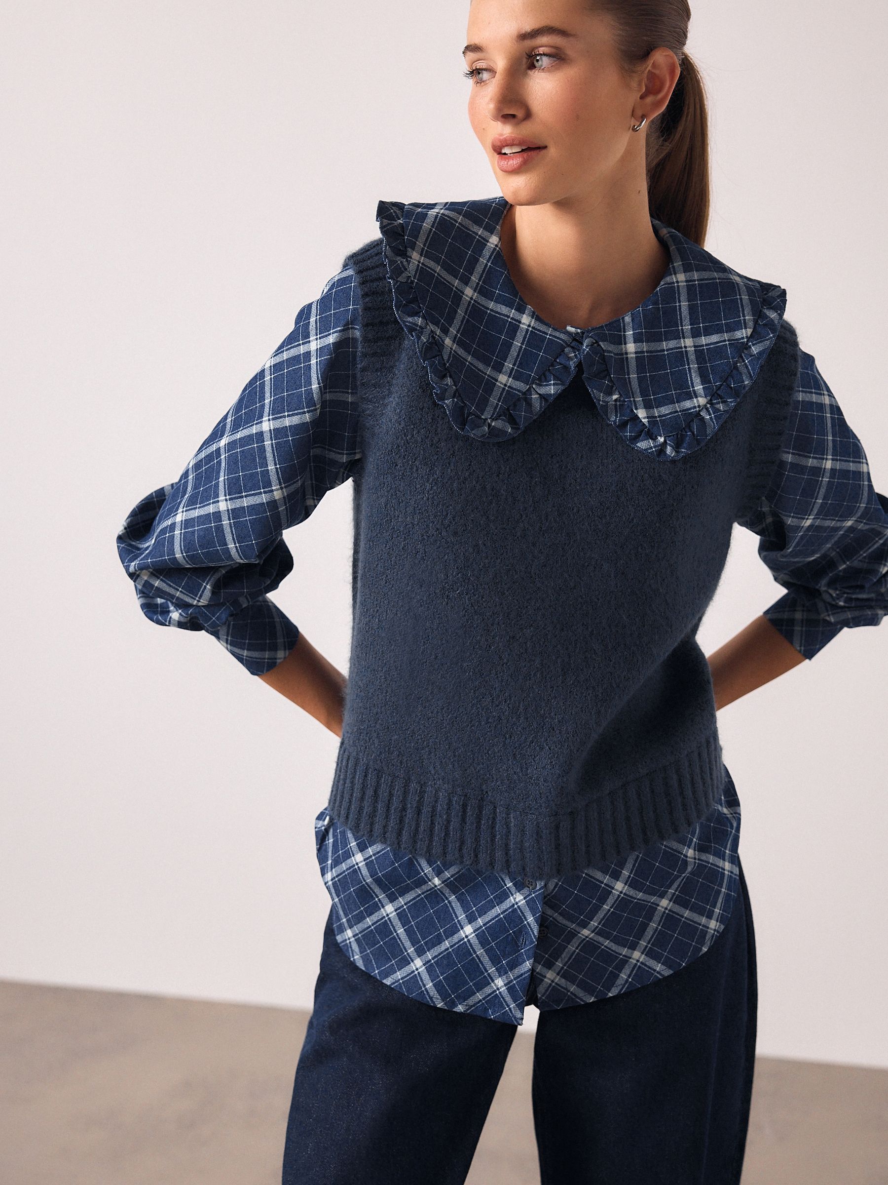 Buy Blue Check Frill Collar Shirt Layer Knitted Tank from Buy Blue Check Frill Collar Shirt Layer Knitted Tank from
