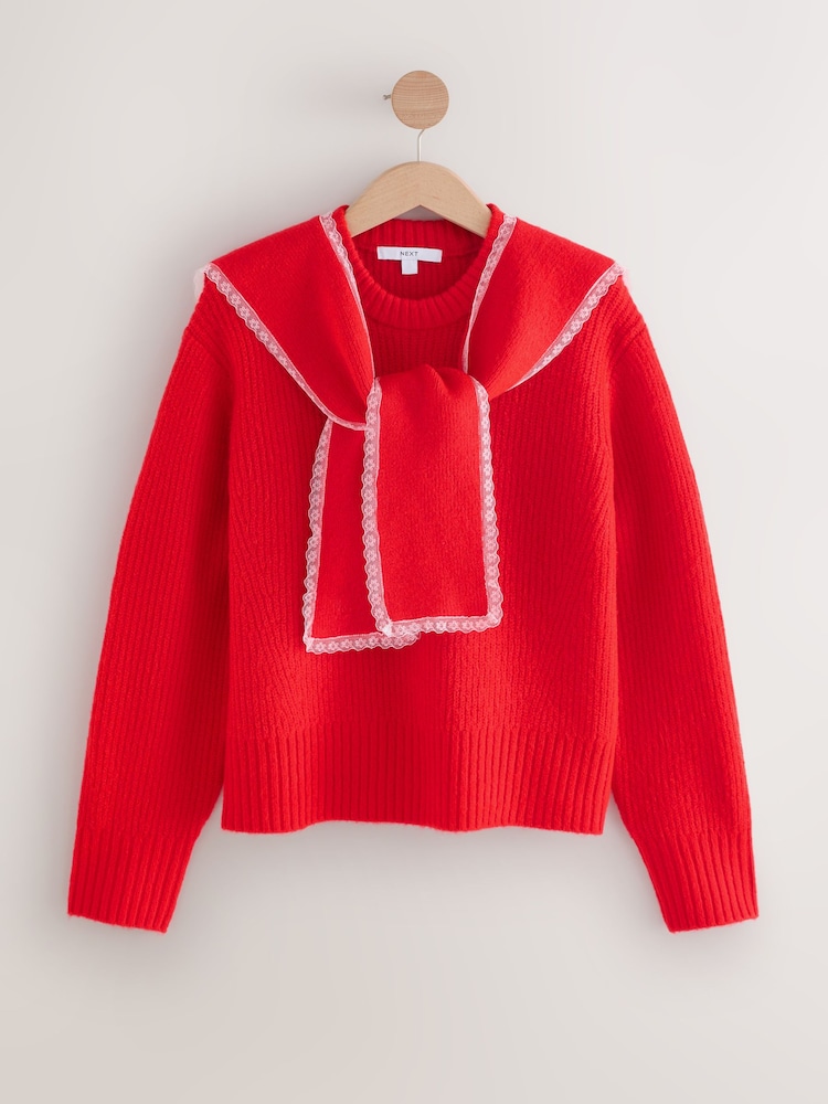 Red Scarf Layer Lace Trim Knitted Jumper - Image 1 of 5 Red Scarf Layer Lace Trim Knitted Jumper - Image 1 of 5