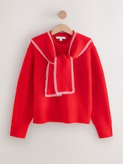 Red Scarf Layer Lace Trim Knitted Jumper - Image 7 of 11
