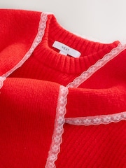 Red Scarf Layer Lace Trim Knitted Jumper - Image 8 of 11