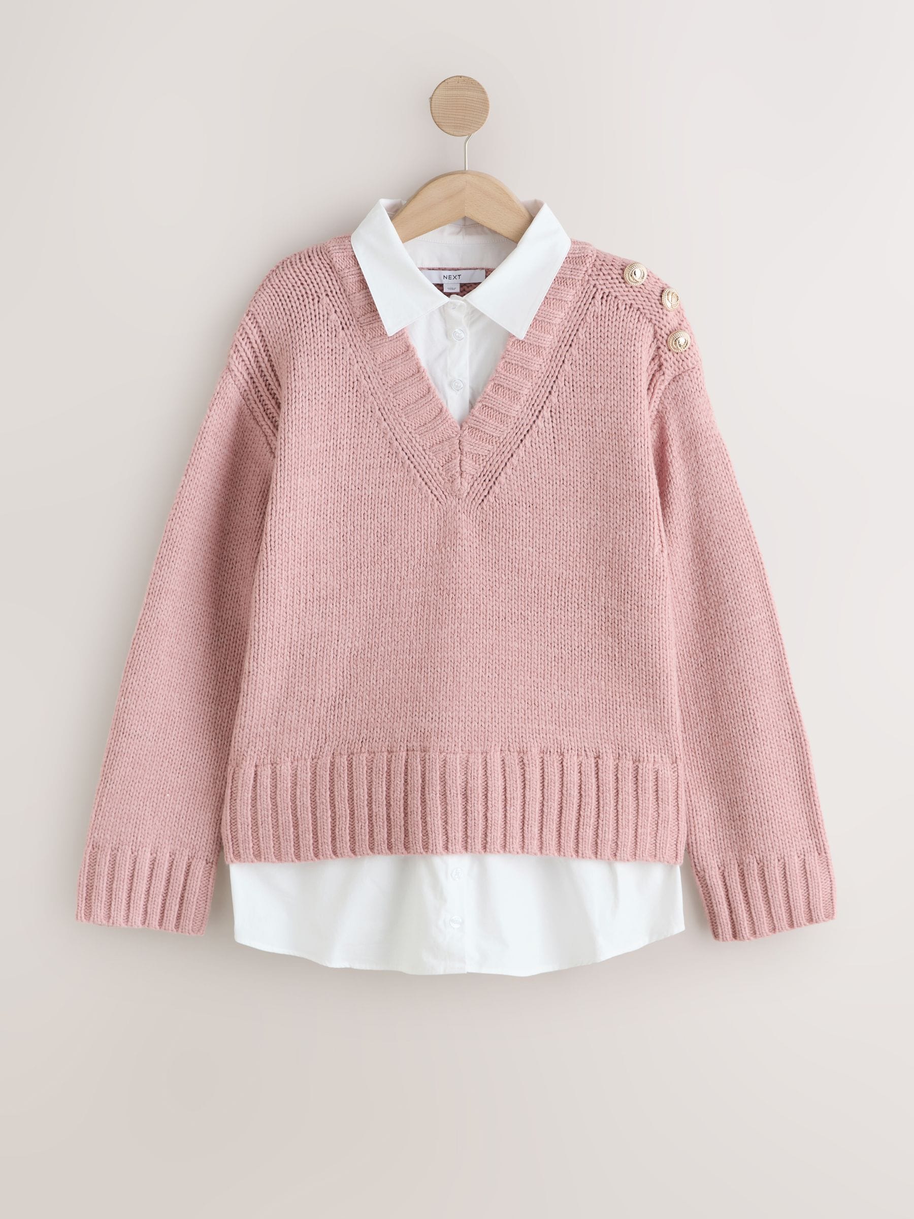 Buy Пудрово-рожевий - V-Neck Knitted Shirt Layer Look Jumper з