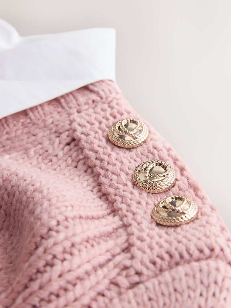 Blush Pink V-Neck Knitted Shirt Layer Look Jumper - Image 7 of 7