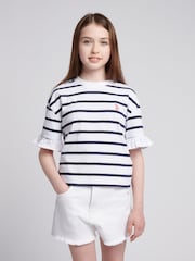 U.S. Polo Assn White Girls Stripe Frill Cuff T-Shirt - Image 1 of 7