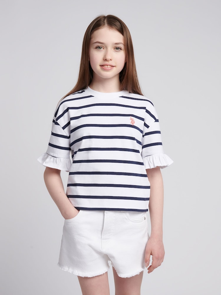 U.S. Polo Assn White Girls Stripe Frill Cuff T-Shirt - Image 1 of 7