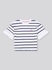 U.S. Polo Assn White Girls Stripe Frill Cuff T-Shirt - Image 5 of 7