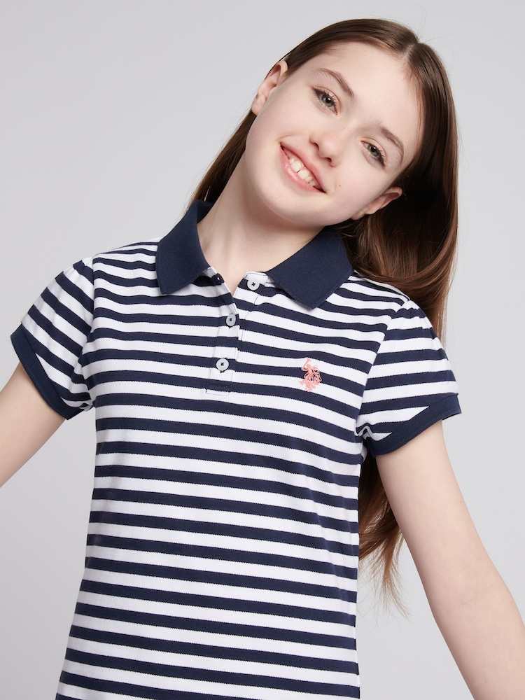 U.S. Polo Assn. Blue Girls Cap Sleeve Stripe Polo Shirt - Image 2 of 7 U.S. Polo Assn. Blue Girls Cap Sleeve Stripe Polo Shirt - Image 2 of 7