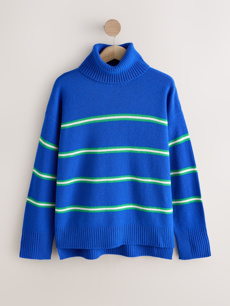 Blue/Green Stripe 100% Merino N.Premium Roll Neck Jumper - Image 1 of 3 Blue/Green Stripe 100% Merino N.Premium Roll Neck Jumper - Image 1 of 3