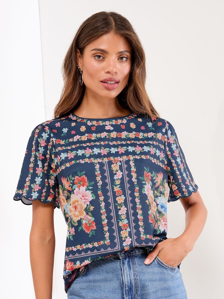 Lipsy Navy Printed Scallop Hem T-Shirt - Image 1 of 4 Lipsy Navy Printed Scallop Hem T-Shirt - Image 1 of 4