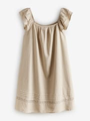 Stone Linen Blend Frill Sleeve Twill Midi Dress - Image 1 of 1