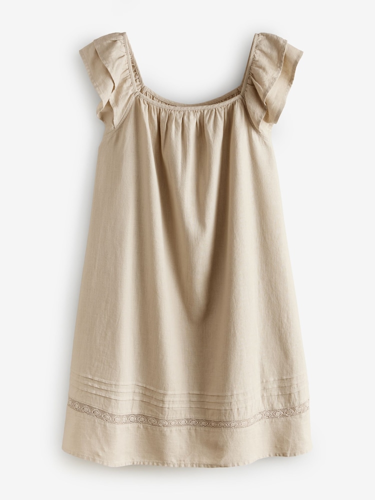 Stone Linen Blend Frill Sleeve Twill Midi Dress - Image 1 of 1
