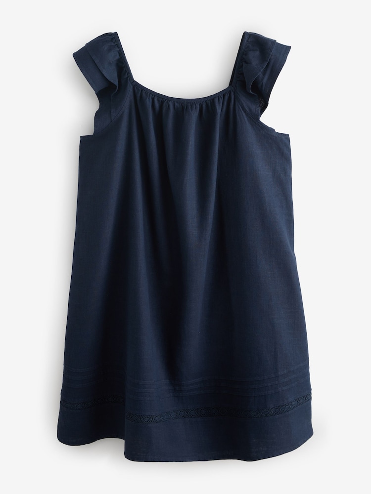 Navy Linen Blend Frill Sleeve Midi Dress - Image 1 of 1 Navy Linen Blend Frill Sleeve Midi Dress - Image 1 of 1