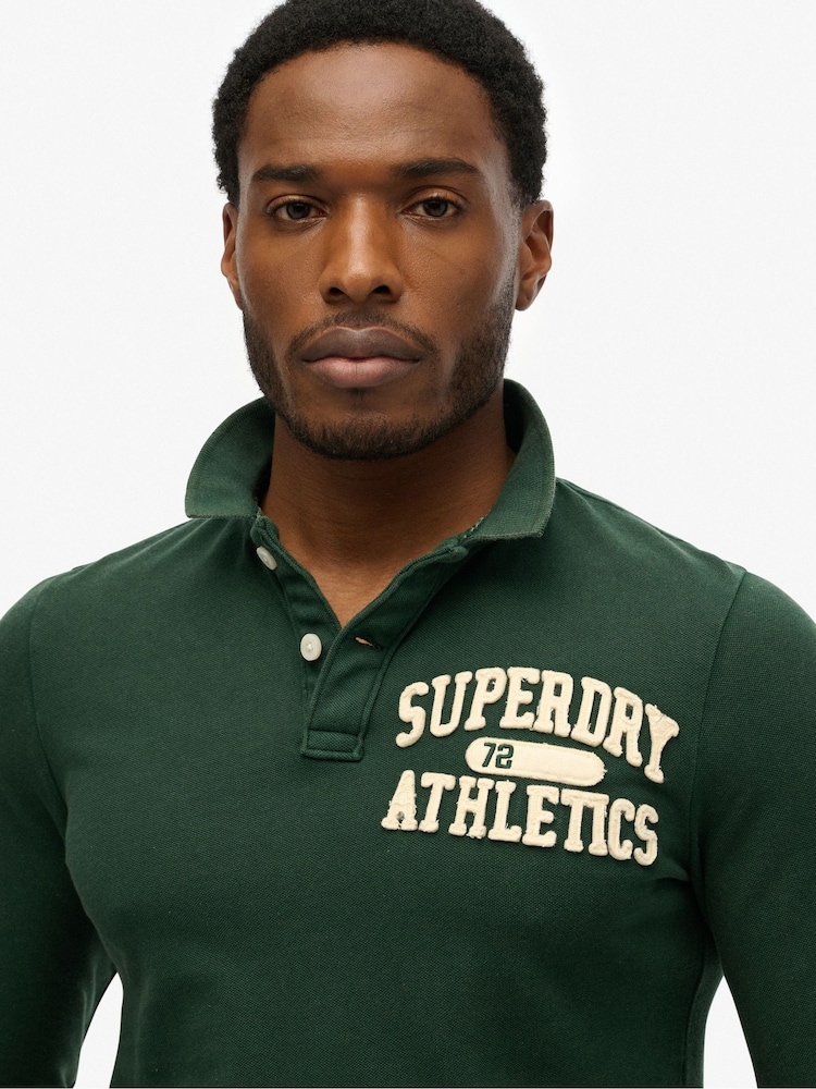 Superdry Green Vintage Athletic Long Sleeve Polo Shirt - Image 4 of 4 Superdry Green Vintage Athletic Long Sleeve Polo Shirt - Image 4 of 4