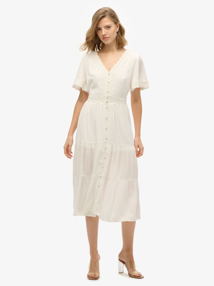 Superdry White Ibiza Short Sleeve Midi Tea Dress - Image 1 of 4 Superdry White Ibiza Short Sleeve Midi Tea Dress - Image 1 of 4