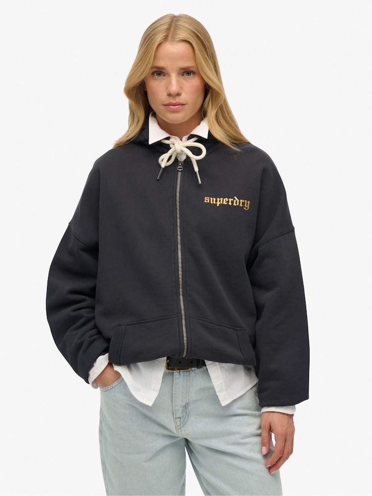 Superdry Grey Oversized Old School Tattoo Zip Hoodie - Image 1 of 6