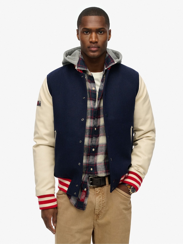 Superdry Blue Hooded College Bomber Jacket - Image 1 of 5 Superdry Blue Hooded College Bomber Jacket - Image 1 of 5