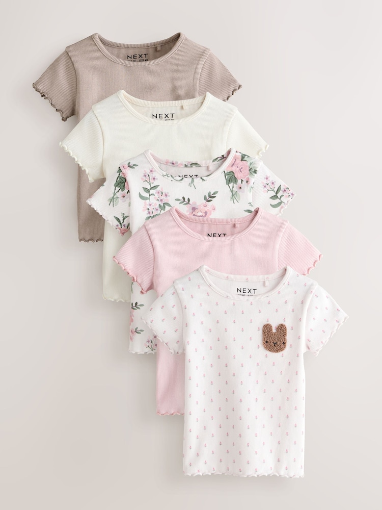 Pink Ribbed Short Sleeve Tops 5 Pack (3mths-7yrs) - Image 1 of 9
