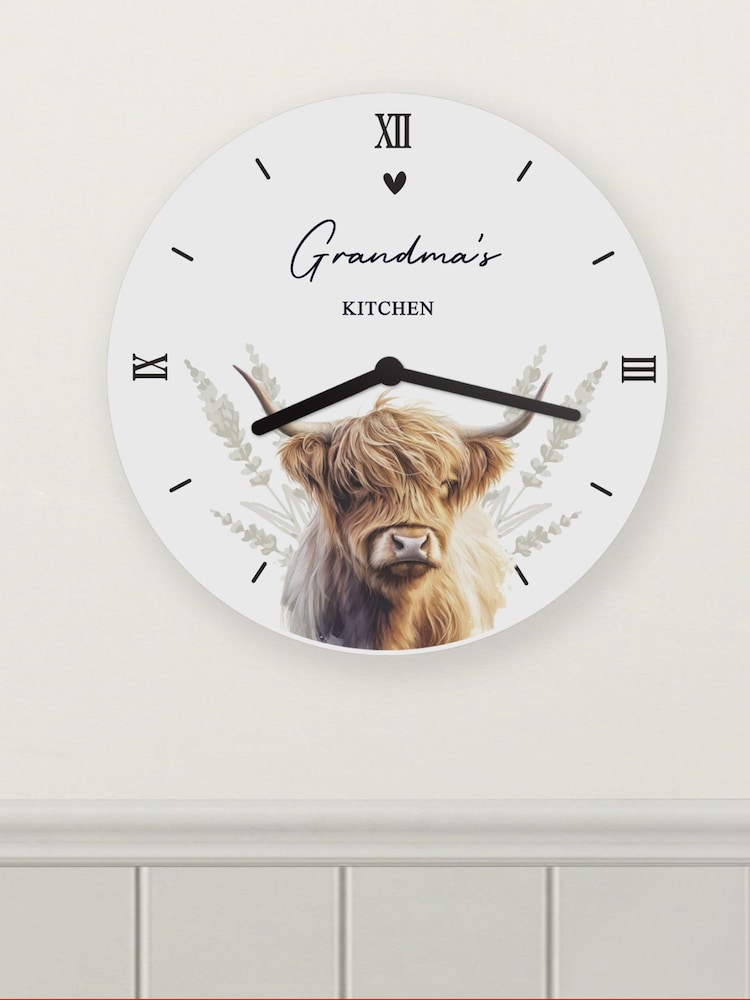 Personalised Highland Cow Wooden Clock by PMC - Image 1 of 3