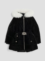 River Island Black Girls Velour Belted Glam Puffer Coat - Image 1 of 4