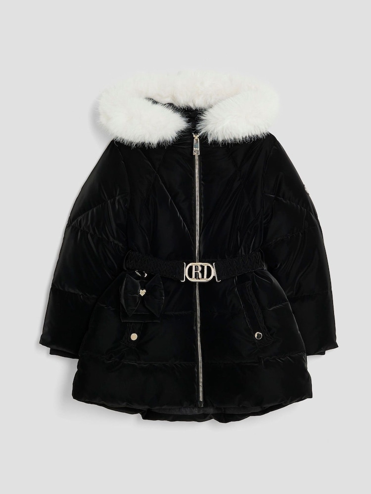River Island Black Girls Velour Belted Glam Puffer Coat - Image 1 of 4