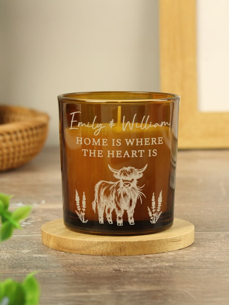 Personalised Highland Cow Amber Glass Candle by PMC - Image 1 of 3