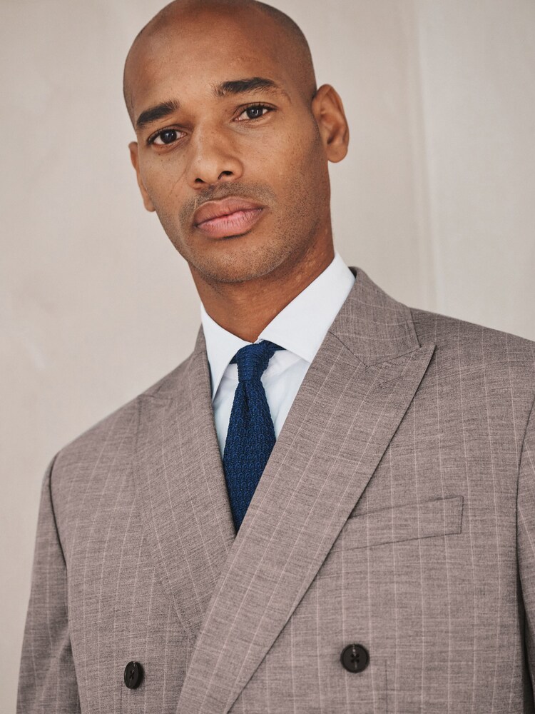 Brown Loose Fit Striped Double Breasted Suit Jacket - Image 4 of 4