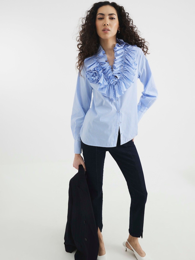 River Island Blue Stripe Long Sleeve Ruffle Shirt - Image 1 of 4