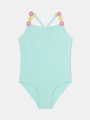 Angels By Accessorize Blue Girls Flower Print Strap Swimsuit - Image 1 of 2