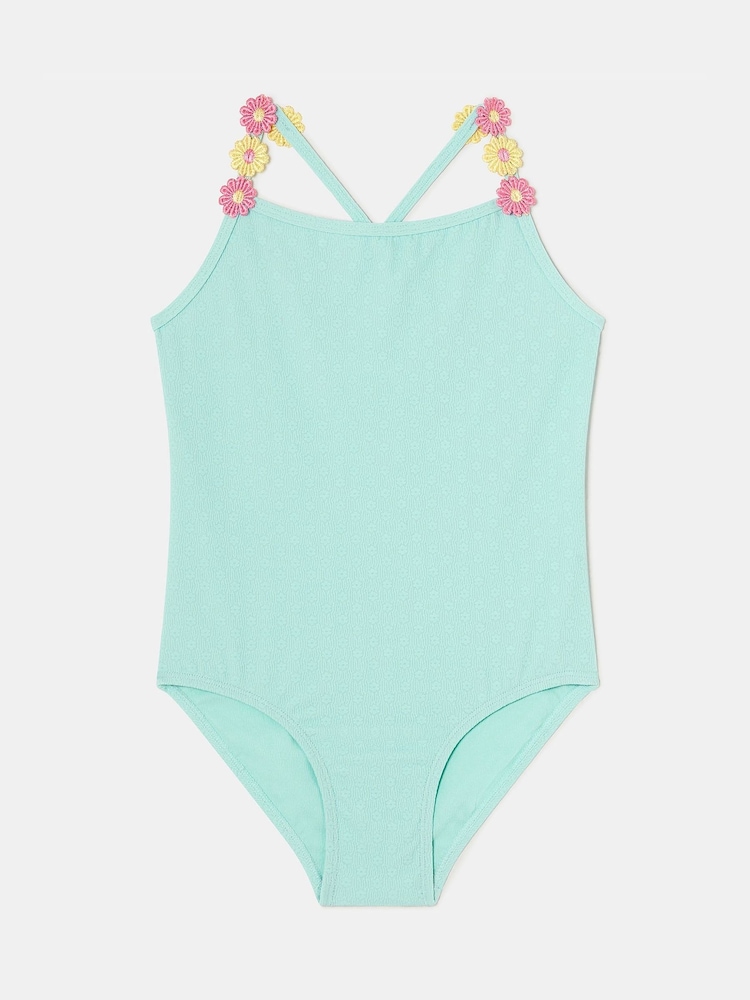 Angels By Accessorize Blue Girls Flower Print Strap Swimsuit - Image 1 of 2