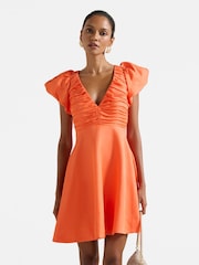 Forever New Orange Mini June Petite Ruched V-Neck Dress Contains Linen - Image 1 of 5