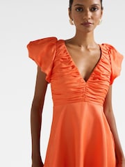 Forever New Orange Mini June Petite Ruched V-Neck Dress Contains Linen - Image 3 of 5