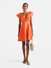 Forever New Orange Mini June Petite Ruched V-Neck Dress Contains Linen - Image 5 of 5