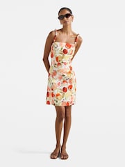 Forever New Cream Petite Sasha Strappy Printed Mini Dress Contains Linen - Image 4 of 5