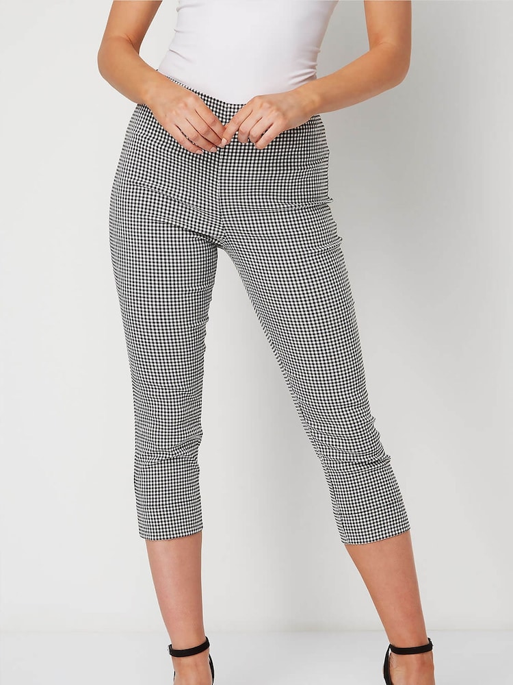 Roman Black Gingham Elastic Waist Stretch Cropped Trousers - Image 2 of 4