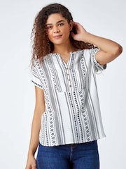 Roman White Print Button V-Neck Detail Blouse - Image 1 of 5