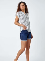 Roman White Print Button V-Neck Detail Blouse - Image 4 of 5
