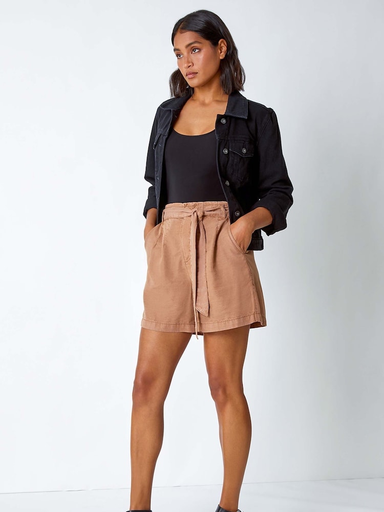 Roman Brown Relaxed Elastic Tie Waist Pocket Shorts - Image 2 of 5